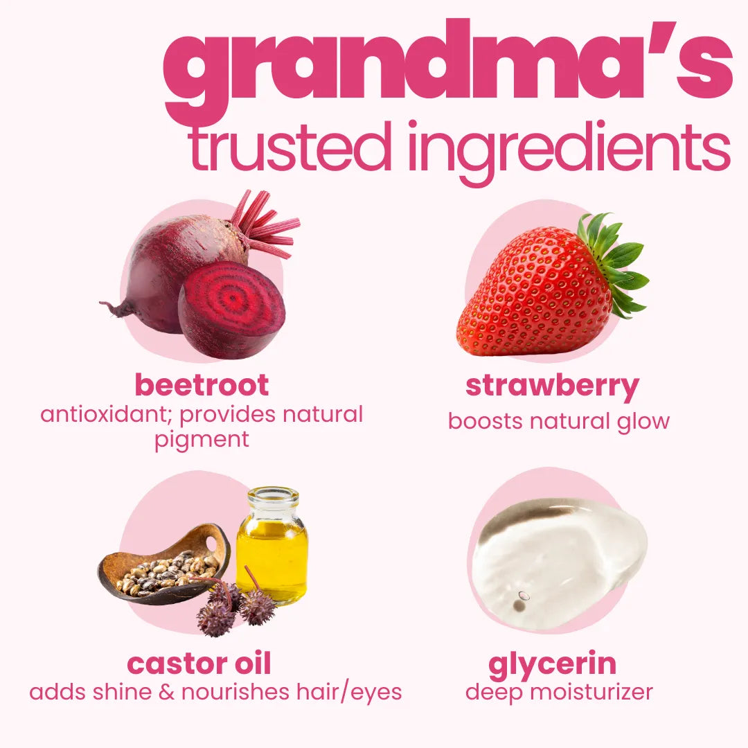 Natural ingredients in Tuco Kids Glam Makeup Kit – beetroot for pigment, strawberry for glow, castor oil and glycerin