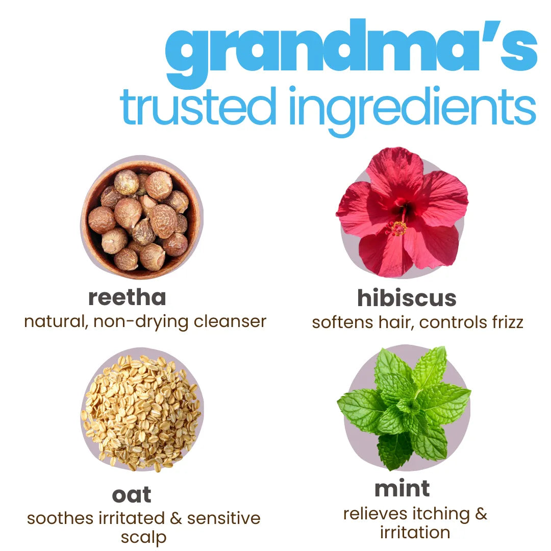 Natural ingredients in Tuco Kids haircare combo – reetha, hibiscus, oat and mint for non-drying cleansing and frizz control