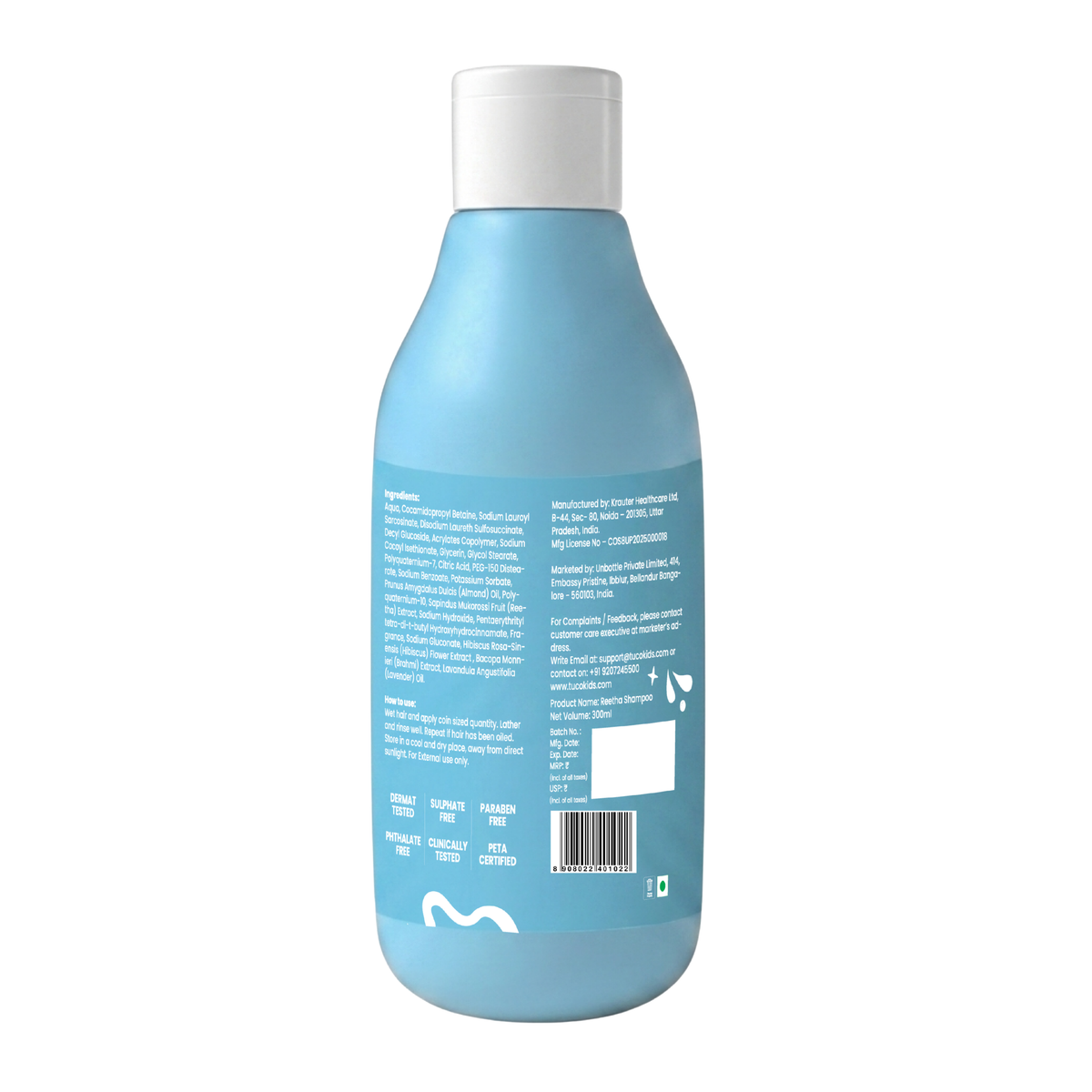 Natural Shampoo for Kids 300ml — back of pack, ingredients & product details | Tuco Kids