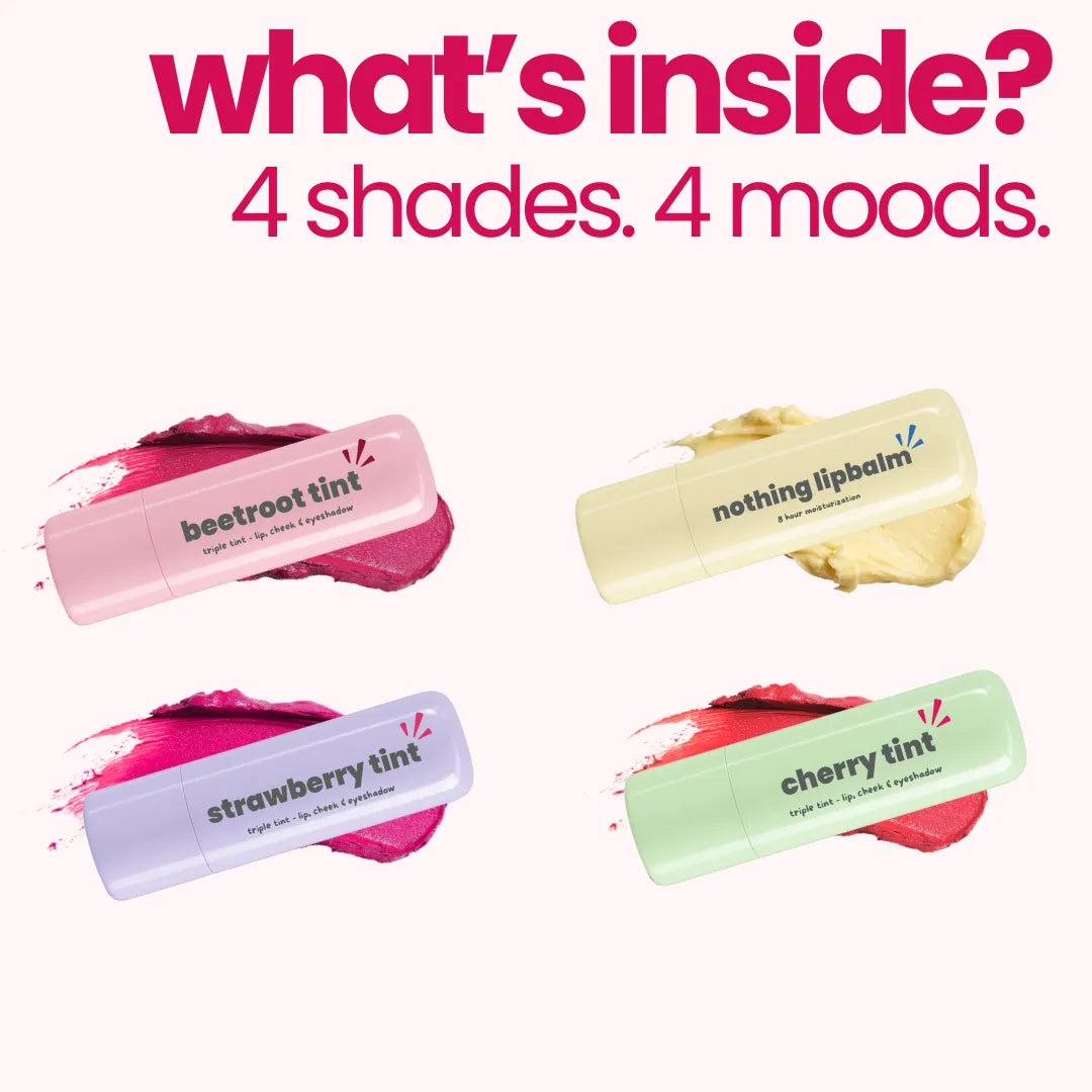 Tuco Kids Natural Tint Pack 4 shades 4 moods - beetroot tint, nothing lip balm, strawberry tint, cherry tint with color swatches for kids