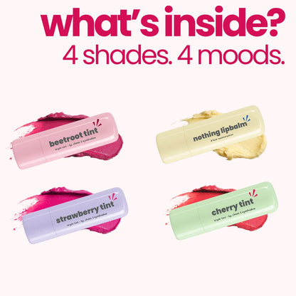 Tuco Kids Natural Tint Pack 4 shades 4 moods - beetroot tint, nothing lip balm, strawberry tint, cherry tint with color swatches for kids