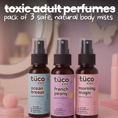 Not toxic adult perfumes - Tuco Kids pack of 3 safe natural body mist for kids: ocean breeze, french peony, morning magic