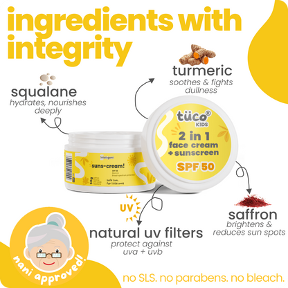 Tüsé Kids 2-in-1 face cream and sunscreen with turmeric, squalane, and saffron on a white background.