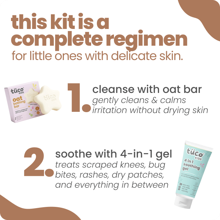 Tuco Kids Oat and Aloe Toddler Kit 2-step regimen - cleanse with oat bar that gently calms irritation, soothe with 4-in-1 gel for scraped knees bug bites rashes and dry patches