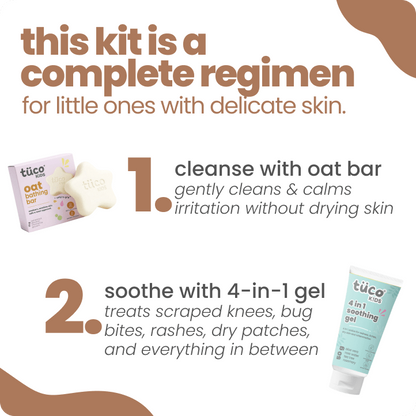Tuco Kids Oat and Aloe Toddler Kit 2-step regimen - cleanse with oat bar that gently calms irritation, soothe with 4-in-1 gel for scraped knees bug bites rashes and dry patches