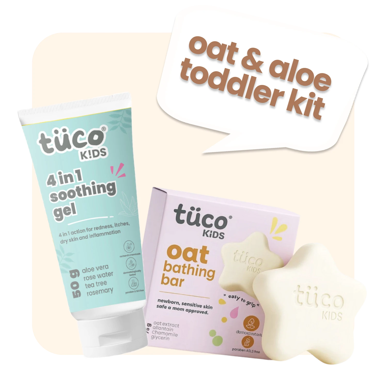 Tuco Kids Oat and Aloe Toddler Kit - 4-in-1 soothing gel with aloe vera rose water tea tree rosemary, and oat bathing bar for newborns and sensitive skin