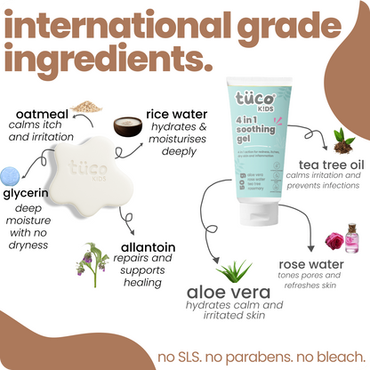 Tuco Kids Oat and Aloe Toddler Kit international grade ingredients - oatmeal calms itch, rice water hydrates, aloe vera soothes, tea tree prevents infections, allantoin repairs, no SLS no parabens