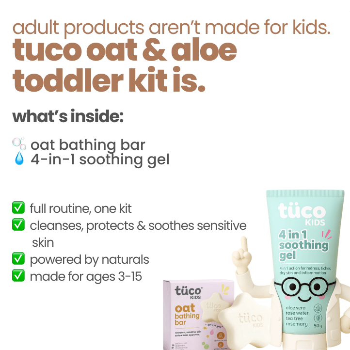 Tuco Kids Oat and Aloe Toddler Kit - oat bathing bar and 4-in-1 soothing gel, full routine for ages 3-15 that cleanses protects and soothes sensitive skin