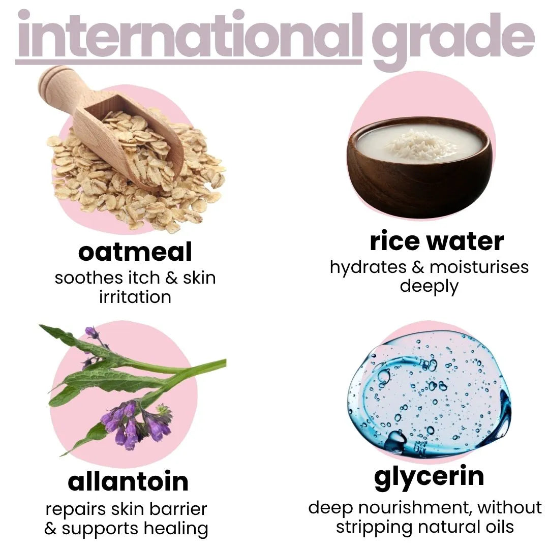 Product ingredients with labels for oatmeal, rice water, allantoin, and glycerin on a white background.