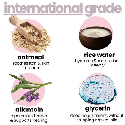 Product ingredients with labels for oatmeal, rice water, allantoin, and glycerin on a white background.