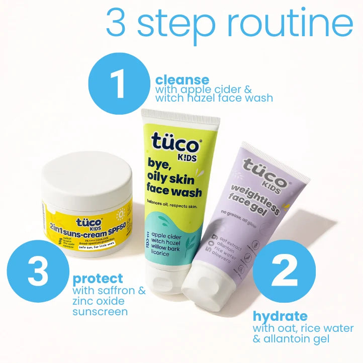 Cleanse with witch hazel & willow bark cleanser, moisturise with oat & rice water gel, protect with saffron & turmeric mineral sunscreen + face cream. Made just for kids - perfect for daily use, safe for sensitive/growing skin. 