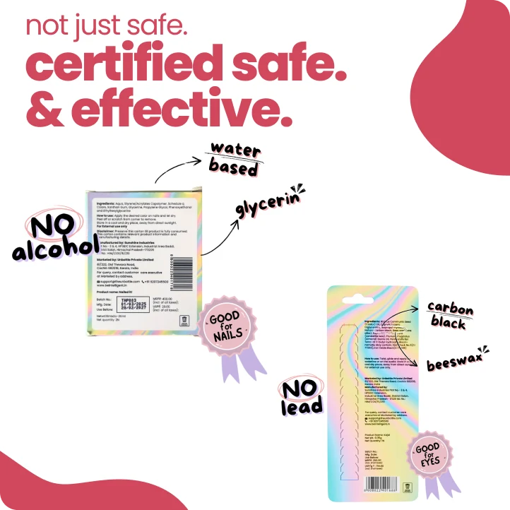 Product packaging with safety certifications and ingredient information on a white background
