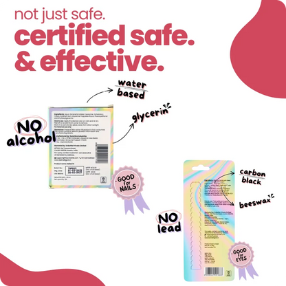 Product packaging with safety certifications and ingredient information on a white background