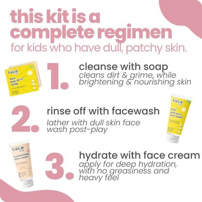 Tuco Kids patchy skin 3-step routine – cleanse with soap, rinse with face wash, hydrate with kumkumadi face cream