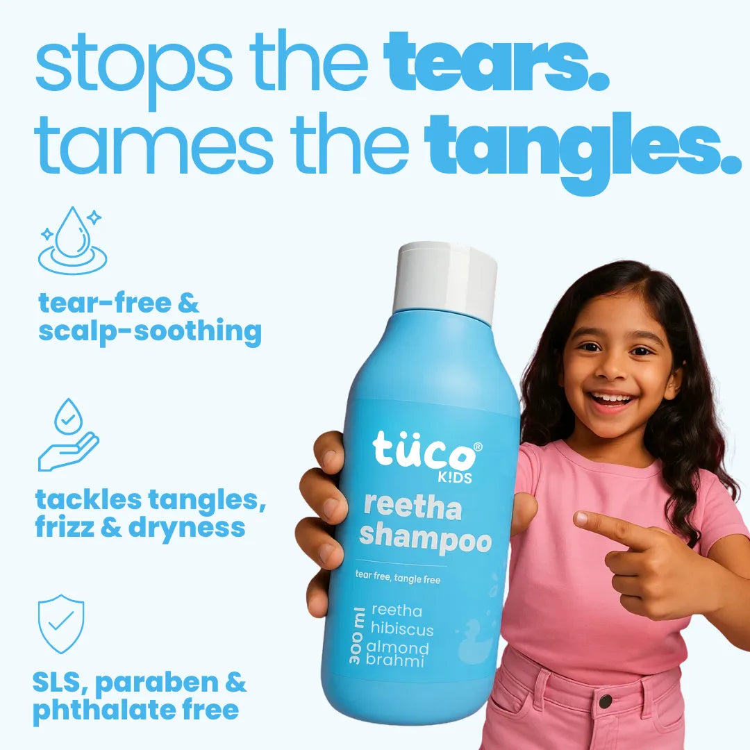 Tuco Kids Reetha Shampoo 300ml - tear-free tangle-free natural kids shampoo with reetha hibiscus almond and brahmi, girl holding blue bottle