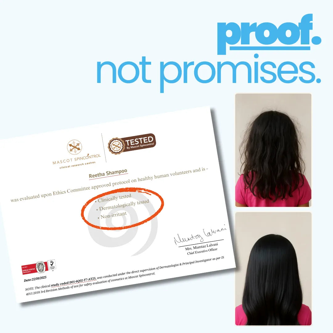 Tuco Kids Reetha Shampoo clinically and dermatologically tested - before and after showing smooth tangle-free hair results in kids, proof not promises