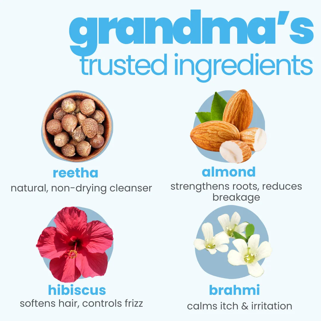 Tuco Kids Reetha Shampoo key ingredients - reetha natural cleanser, almond strengthens roots, hibiscus softens hair and controls frizz, brahmi calms itch and irritation