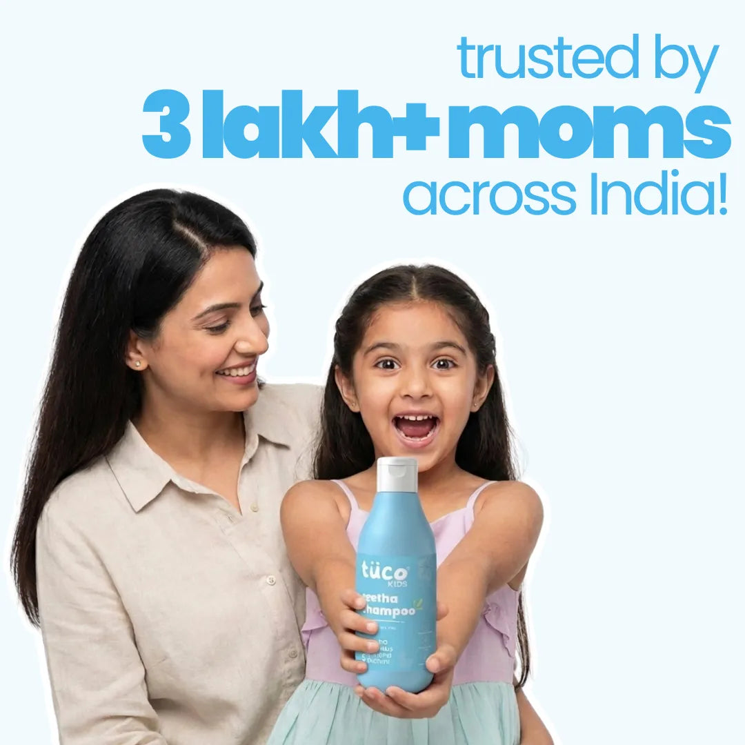 Tuco Kids Reetha Shampoo trusted by 3 lakh+ moms across India - mother and daughter holding natural reetha shampoo bottle