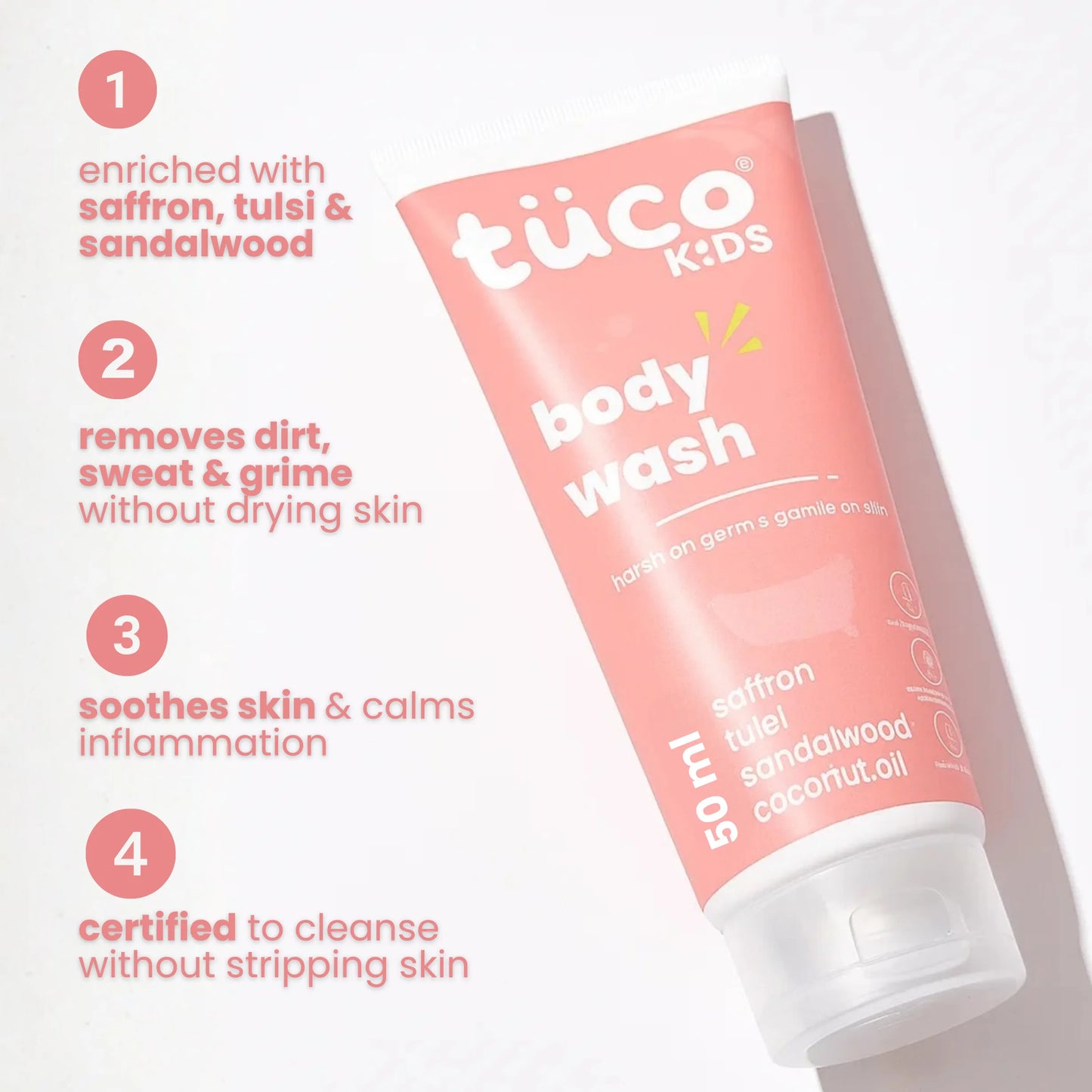 Tuco Kids kids body wash 50ml with saffron, tulsi, sandalwood - removes dirt without drying kids skin