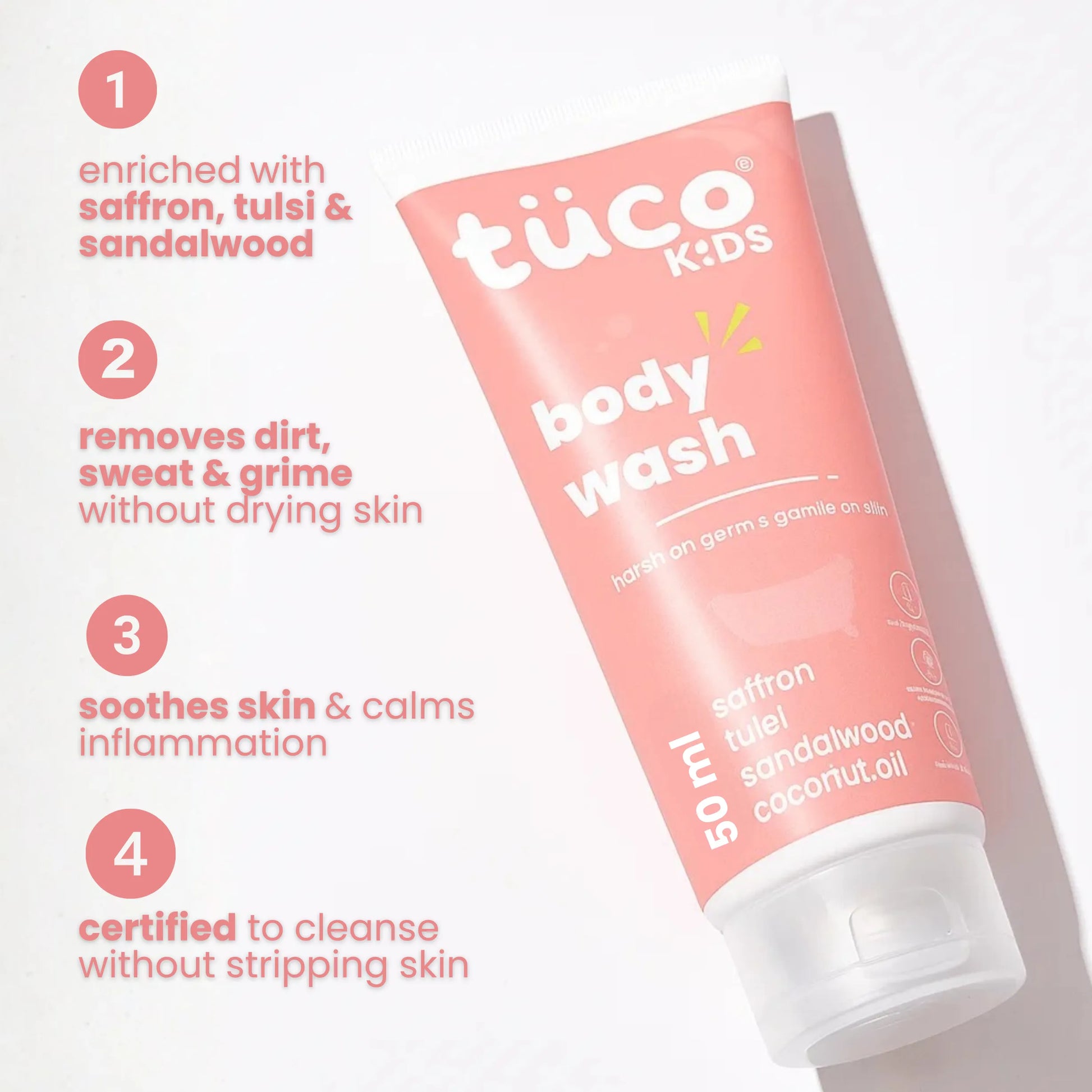 Tuco Kids kids body wash 50ml with saffron, tulsi, sandalwood - removes dirt without drying kids skin
