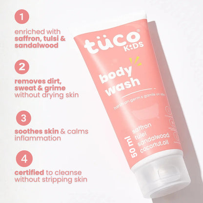 Tuco Kids kids body wash 50ml with saffron, tulsi, sandalwood - removes dirt without drying kids skin