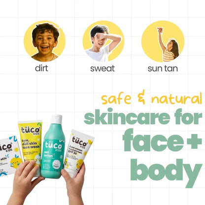 Tuco Kids skincare products with children icons labeled 'dirt', 'sweat', and 'sun tan' on a white background.