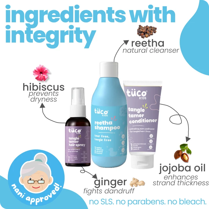 Spa Kit: Shampoo 100ml + Conditioner 100g + Hair Detangler Spray 50ml — before and after results | Tuco Kids