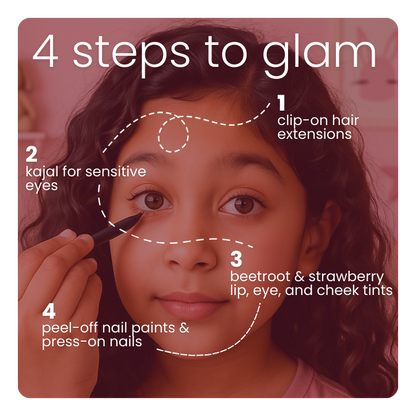 Hair extensions, kiddy kajal, triple tints (lip tint, cheek blush, eyeshadow), nail polish and press-on nails.