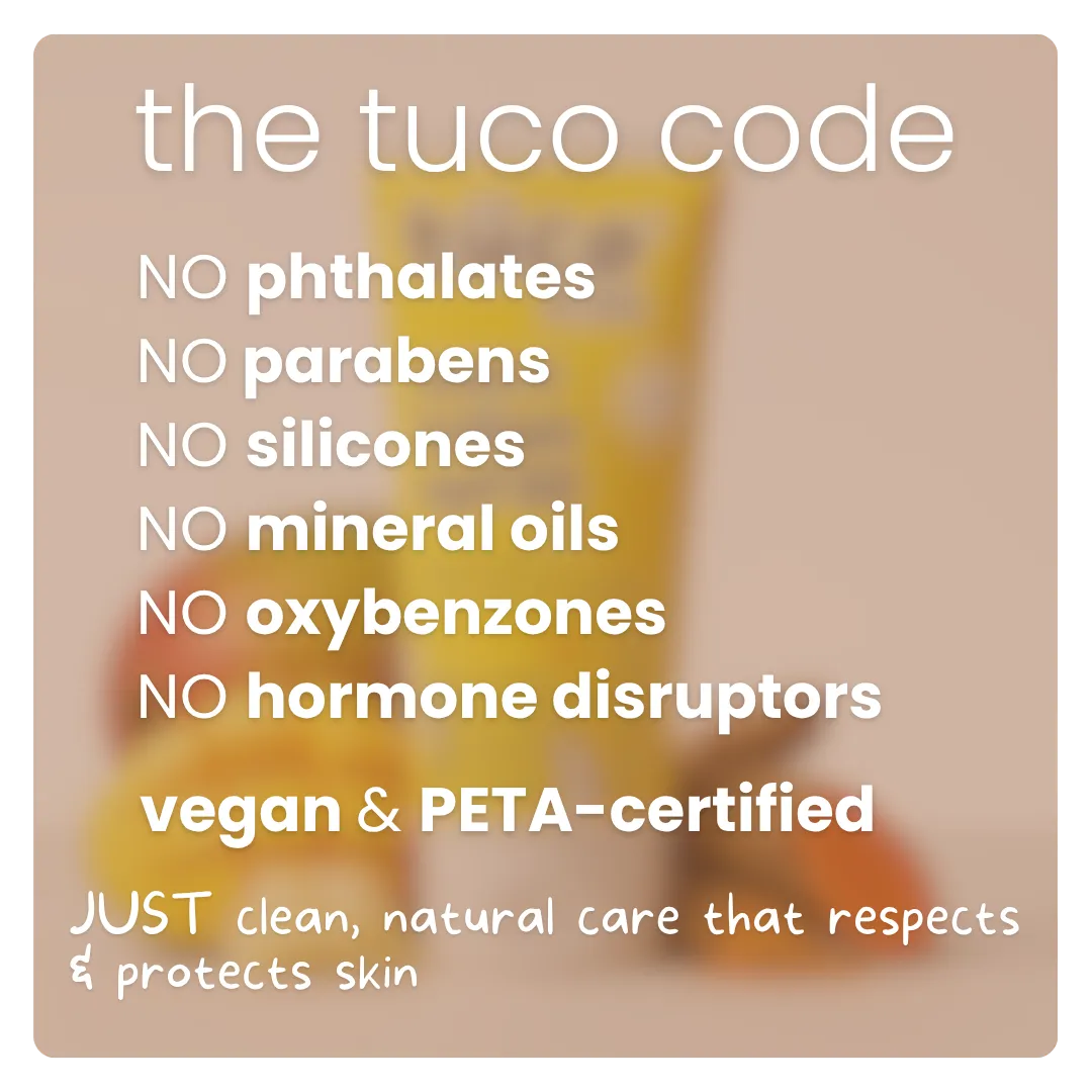 Tuco Kids Sun Plus Lotion SPF 30 - the Tuco code, no phthalates no parabens no silicones no mineral oils no oxybenzones no hormone disruptors, vegan and PETA certified