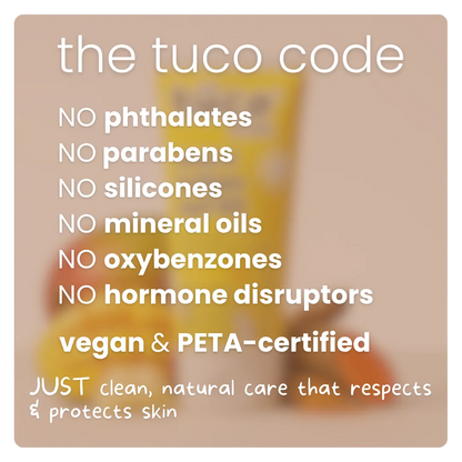 Tuco Kids Sun Plus Lotion SPF 30 - the Tuco code, no phthalates no parabens no silicones no mineral oils no oxybenzones no hormone disruptors, vegan and PETA certified