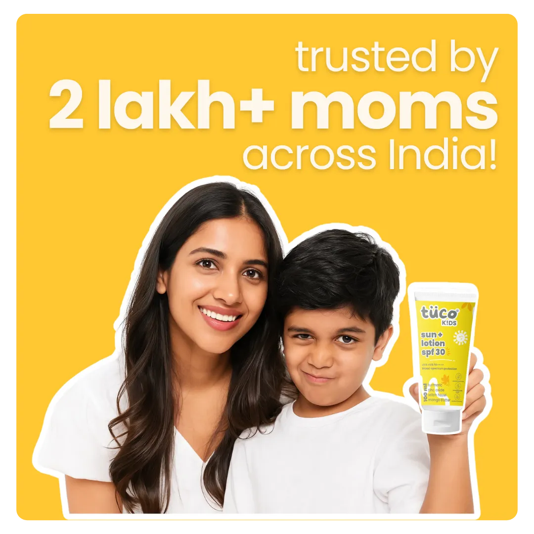 Tuco Kids Sun Plus Lotion SPF 30 trusted by 2 lakh+ moms across India - mother and son holding natural kids sunscreen lotion