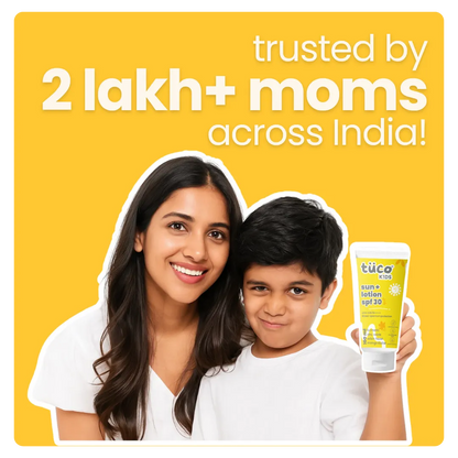 Tuco Kids Sun Plus Lotion SPF 30 trusted by 2 lakh+ moms across India - mother and son holding natural kids sunscreen lotion