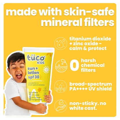 Tuco Kids Sun Plus Lotion SPF 30 with skin-safe mineral filters - titanium dioxide and zinc oxide, zero harsh chemical filters, broad spectrum PA++++ UV shield, boy holding bottle