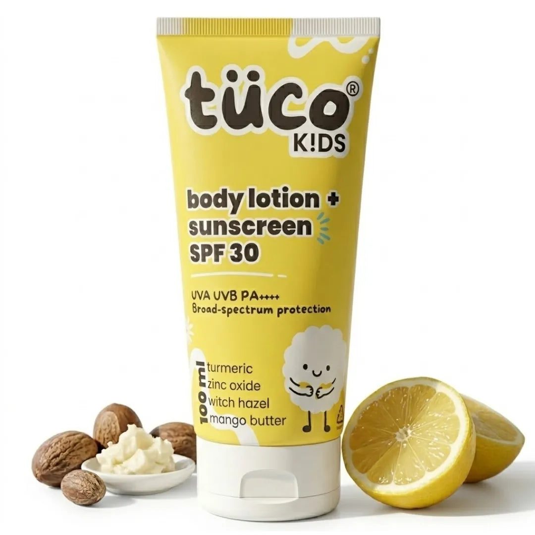 Tuco Kids Sun Plus Lotion SPF 30 100ml - UVA UVB PA++++ broad spectrum kids sunscreen body lotion with turmeric zinc oxide witch hazel and mango butter