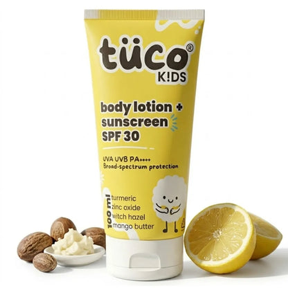 Tuco Kids Sun Plus Lotion SPF 30 100ml - UVA UVB PA++++ broad spectrum kids sunscreen body lotion with turmeric zinc oxide witch hazel and mango butter