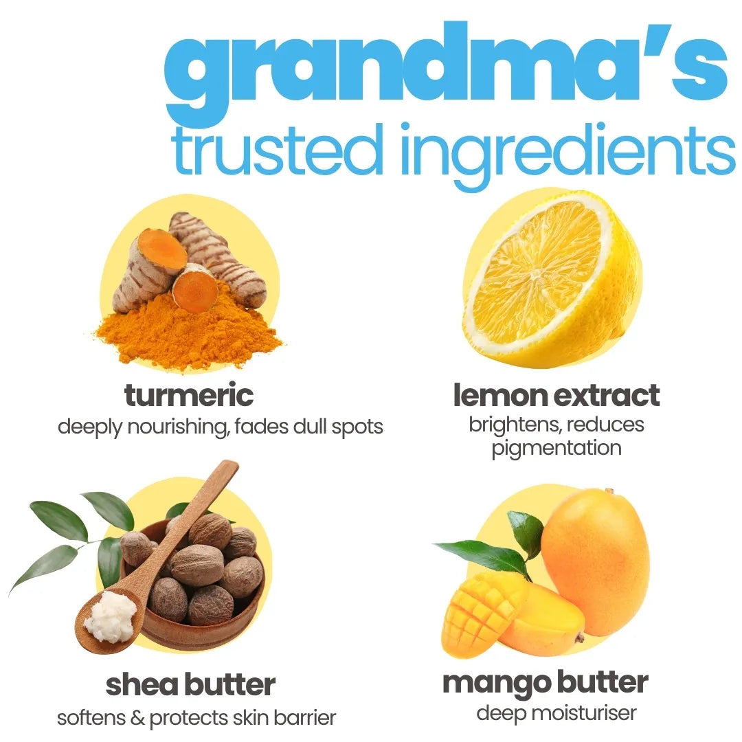 Brightening turmeric, soothing shea butter, deep moisture mango butter, refreshing lemon