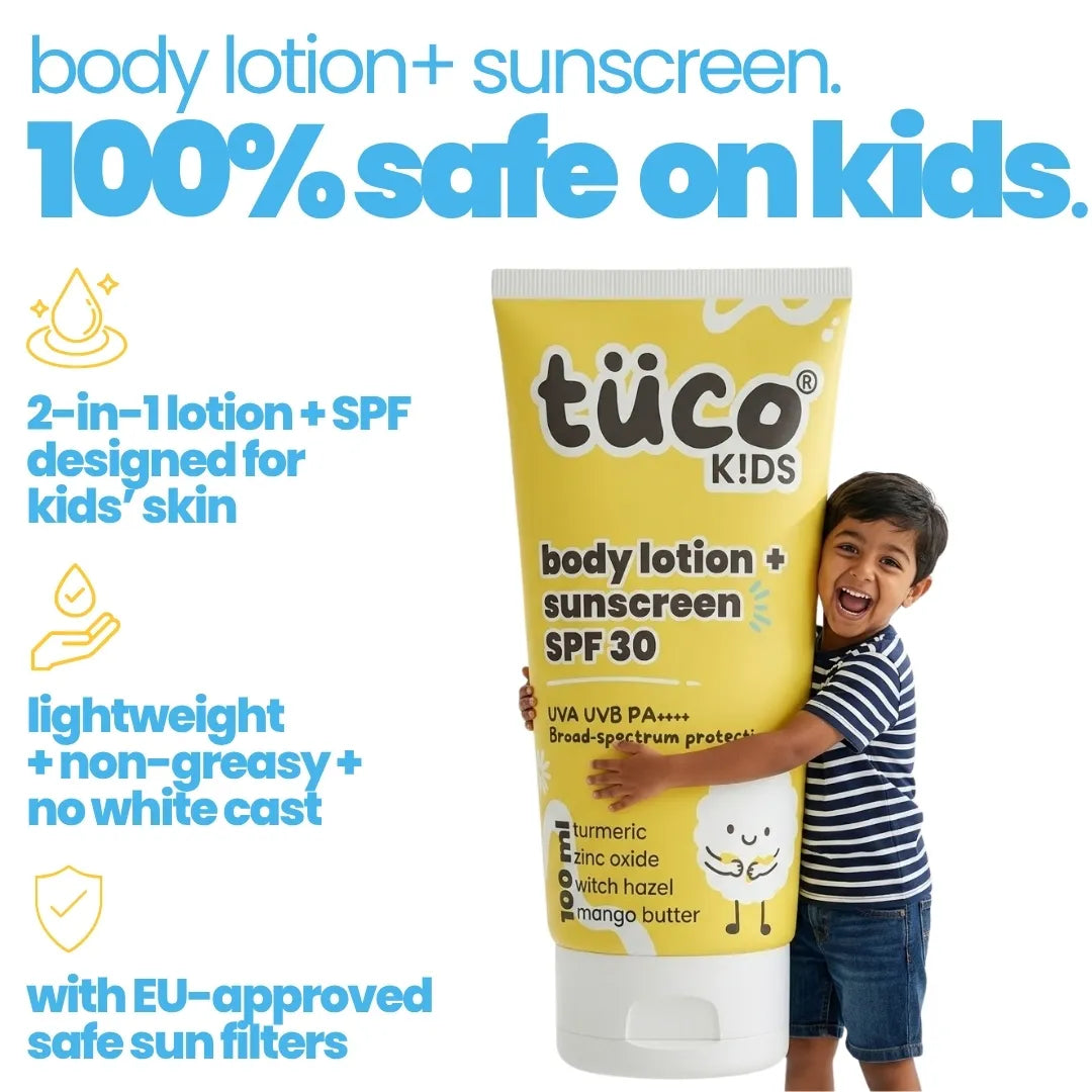 Tuco Kids Sun Plus Lotion SPF 30 - dont use adult sunscreen on kids, this sunscreen lotion protects against sun pollution and dryness for children