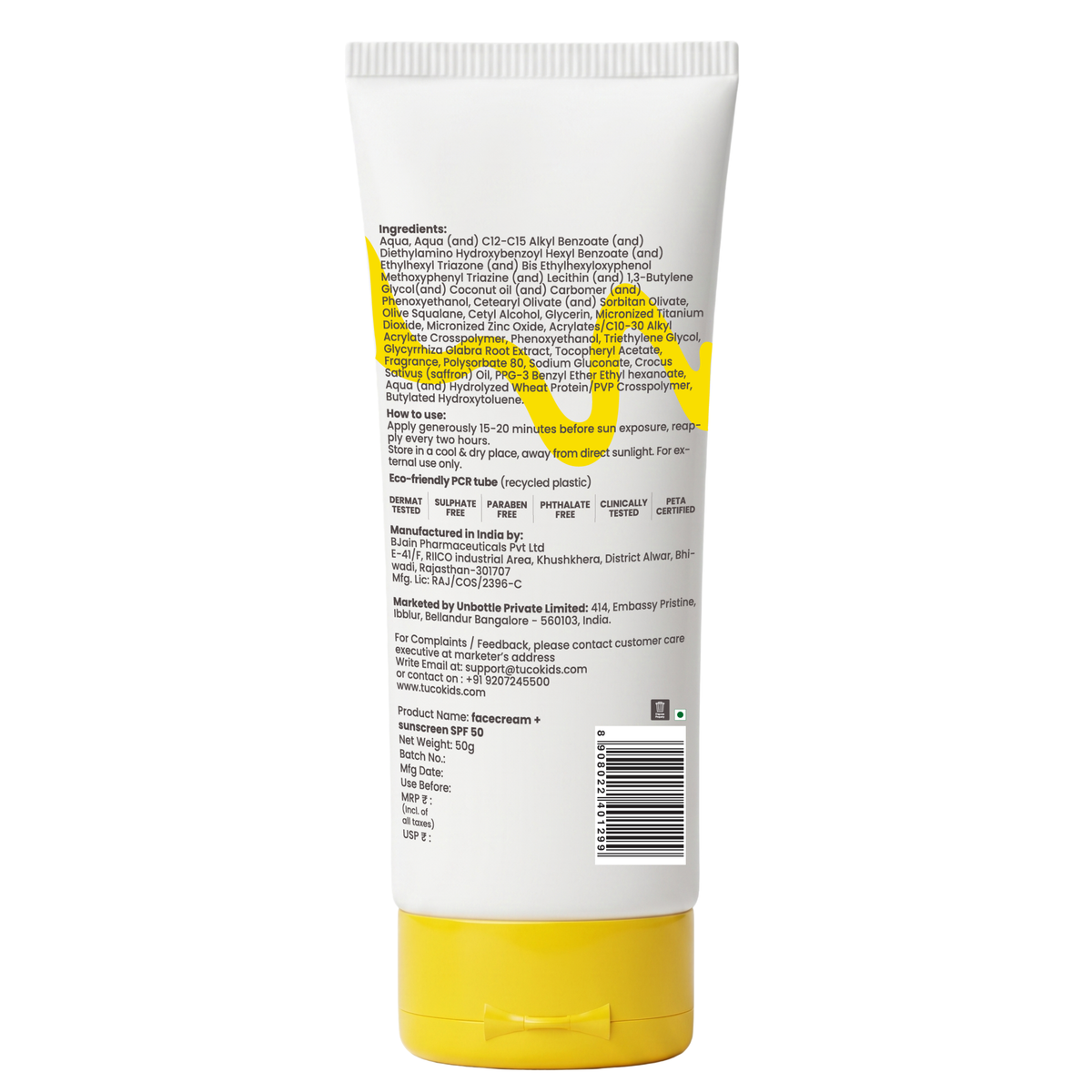 2-in-1 Sunscreen for Kids SPF 50 - 50g — back of pack, ingredients & product details | Tuco Kids