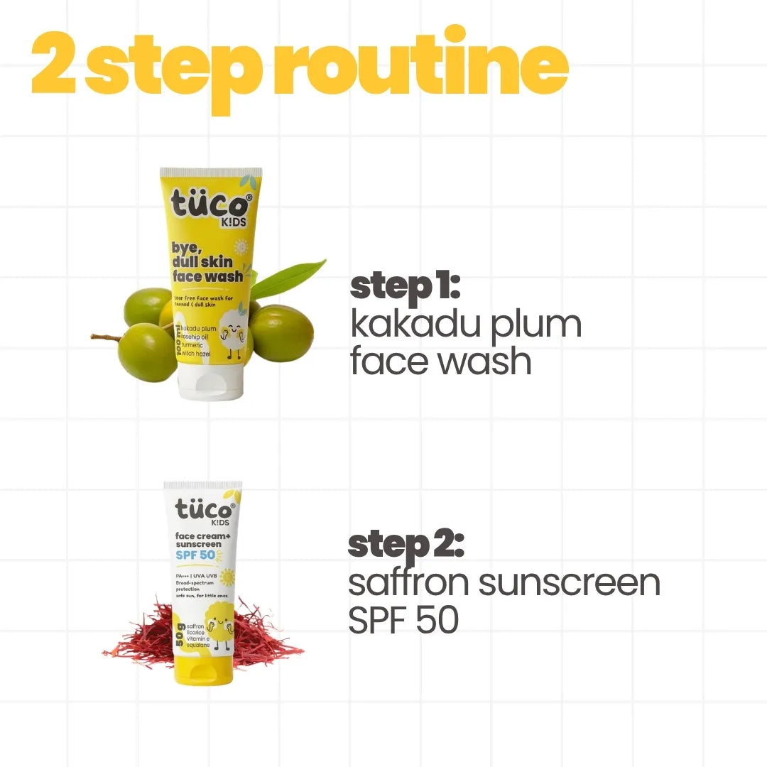 Tuco Kids Tan Removal Kit 2-step glow and detan regimen - bye dull skin face wash with kakadu plum rosehip oil turmeric witch hazel, and face cream sunscreen SPF 50 with saffron licorice zinc oxide squalane