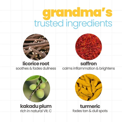 Tuco Kids Tan Removal Kit key ingredients - kakadu plum boosts brightness, turmeric fades dullness and tan, saffron brightens skin, licorice soothes and fades dull spots