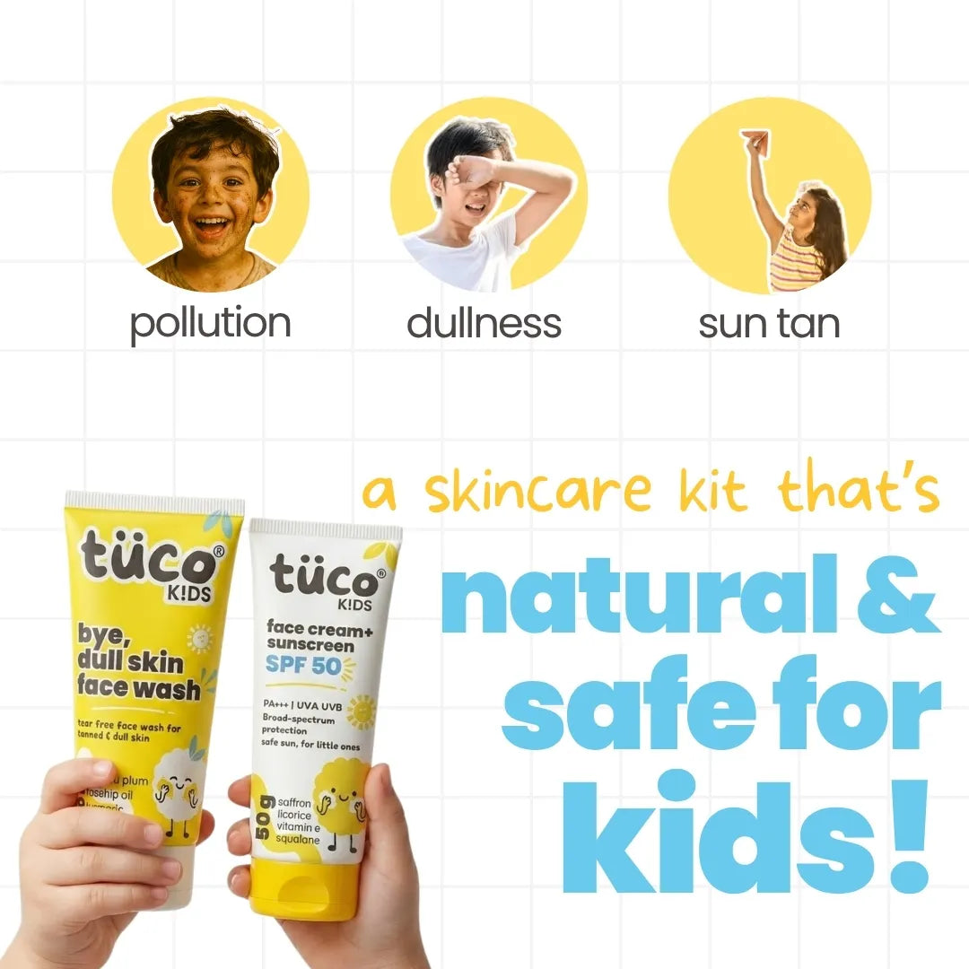 Tuco Kids Tan Removal Kit - natural detan kit safe for kids with bye dull skin face wash and SPF 50 sunscreen, protects against pollution sweat and sun tan