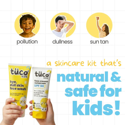 Tuco Kids Tan Removal Kit - natural detan kit safe for kids with bye dull skin face wash and SPF 50 sunscreen, protects against pollution sweat and sun tan