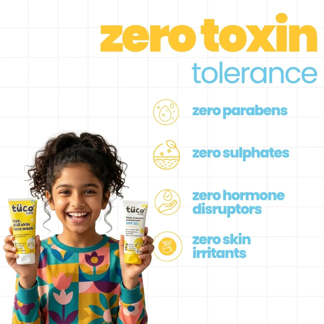Tuco Kids Tan Removal Kit zero toxin tolerance - zero parabens zero sulphates zero hormone disruptors zero skin lightening agents, girl holding face wash and sunscreen