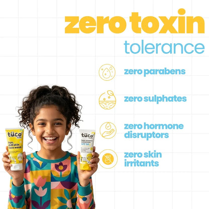 Tuco Kids Tan Removal Kit zero toxin tolerance - zero parabens zero sulphates zero hormone disruptors zero skin lightening agents, girl holding face wash and sunscreen
