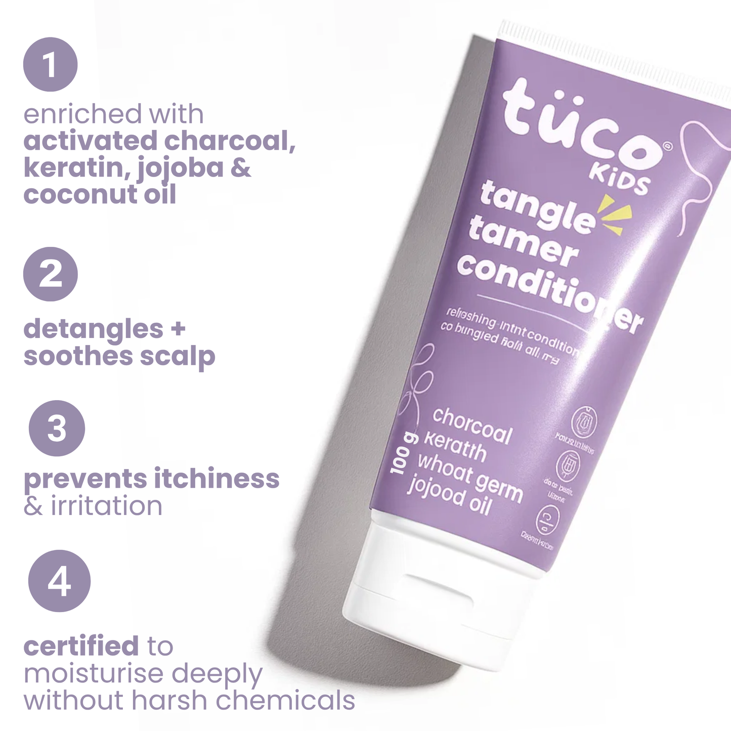 Tuco Kids tangle tamer conditioner for kids - charcoal, keratin, jojoba, coconut oil, detangles and soothes scalp
