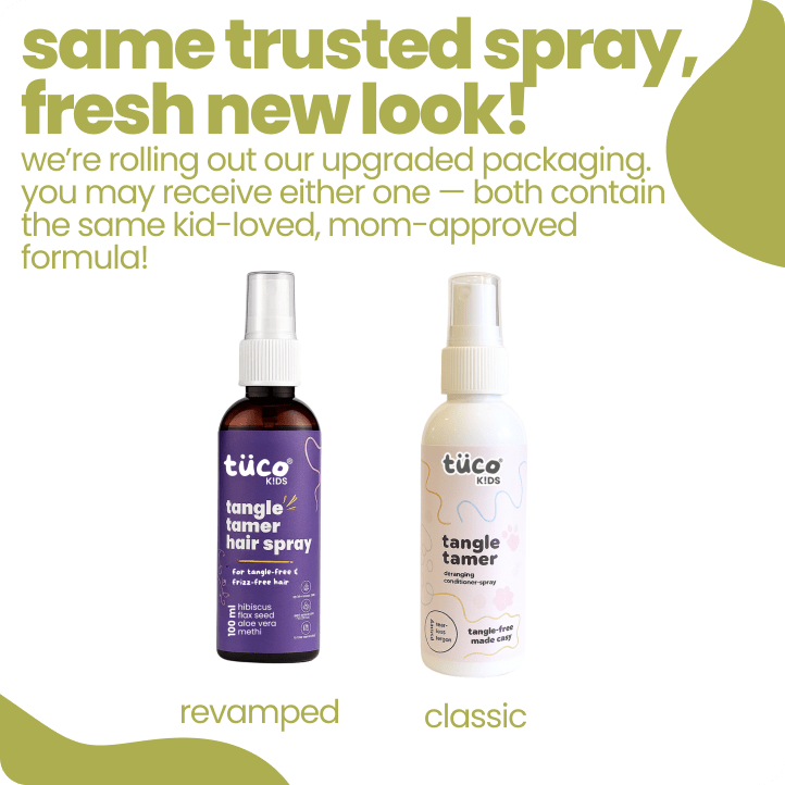 Tuco Kids tangle tamer detangler spray revamped packaging - same trusted kids hair care formula