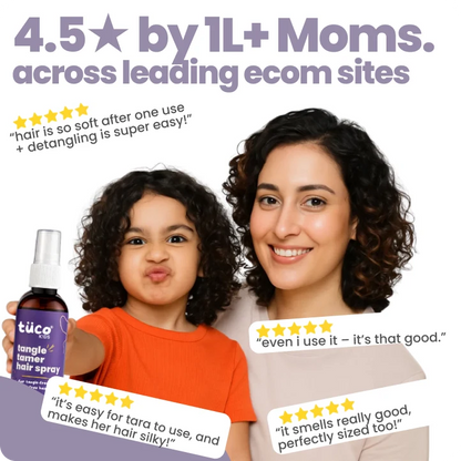Tuco Kids Tangle Tamer Hair Spray 4.5 stars by 1 lakh+ moms - real parent reviews praising effortless soft tangle-free hair in children