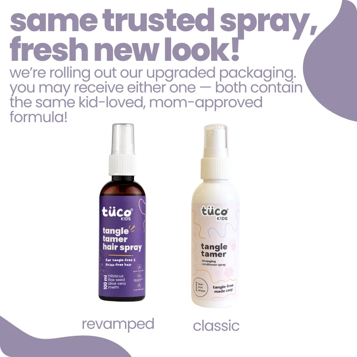 Tuco Kids Tangle Tamer Hair Spray same trusted formula fresh new look - revamped purple bottle and classic packaging, same kid-loved mom-approved natural detangling formula