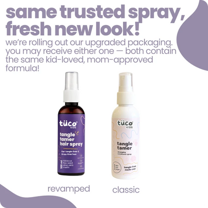 Tuco Kids Tangle Tamer Hair Spray same trusted formula fresh new look - revamped purple bottle and classic packaging, same kid-loved mom-approved natural detangling formula