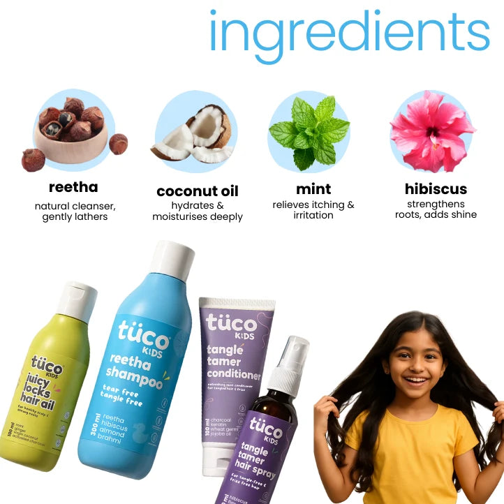 Formulated with safe and kid-friendly natural ingredients like reetha, coconut oil, mint, hibiscus
